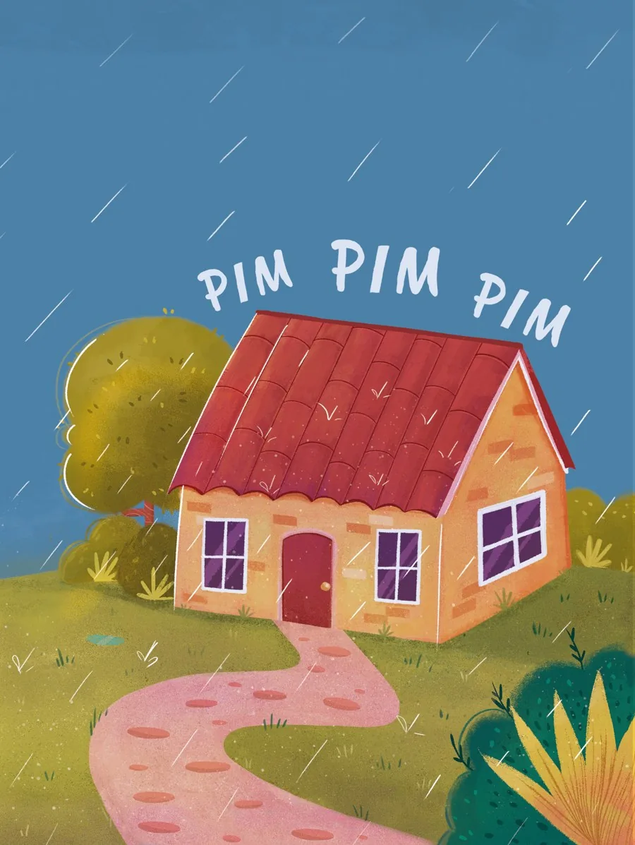 Página 6-7: casinha com PIM PIM na chuva