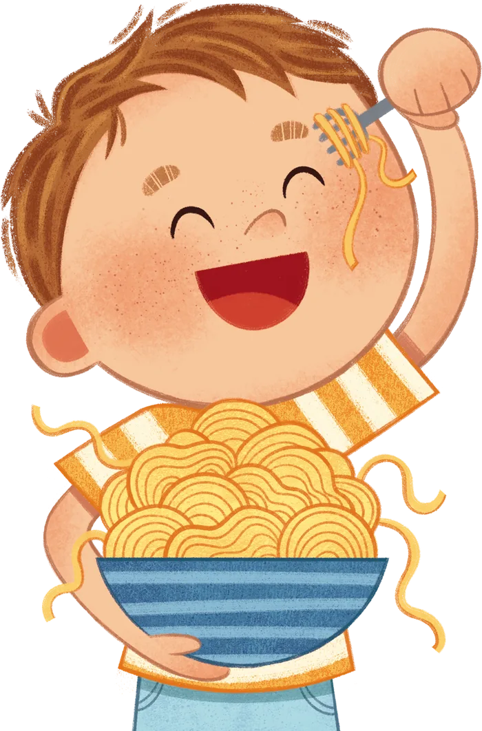 Menino com tigela de macarrão, personagem de Comer, comer